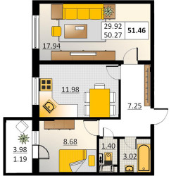Двухкомнатная квартира 51.46 м²
