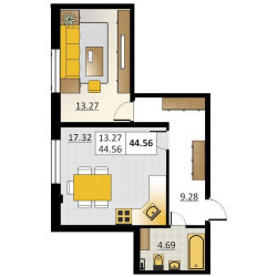 Однокомнатная квартира 44.56 м²