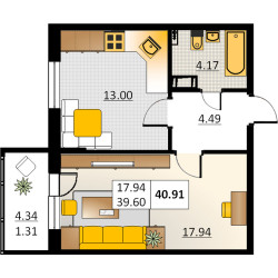 Однокомнатная квартира 40.91 м²