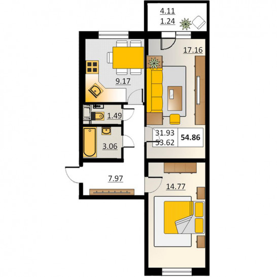 Двухкомнатная квартира 54.86 м²