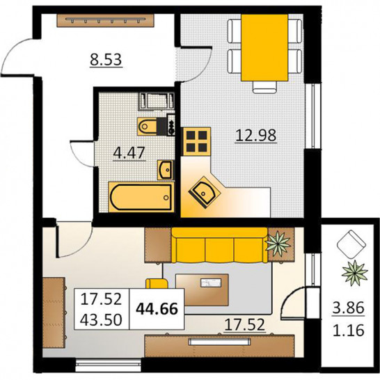 Однокомнатная квартира 44.66 м²