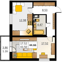 Однокомнатная квартира 44.66 м²