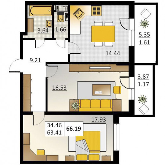 Двухкомнатная квартира 66.19 м²