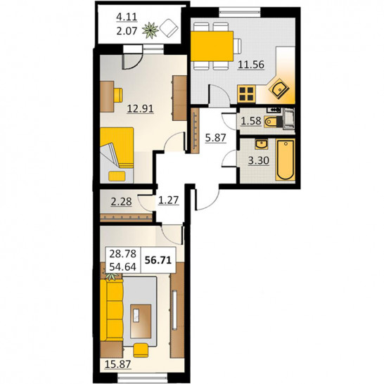 Двухкомнатная квартира 56.71 м²