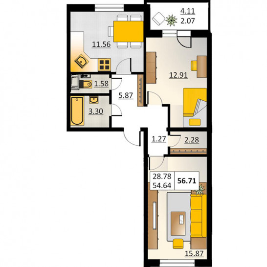 Двухкомнатная квартира 56.71 м²