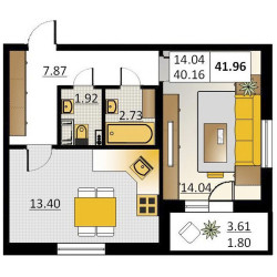 Однокомнатная квартира 41.96 м²