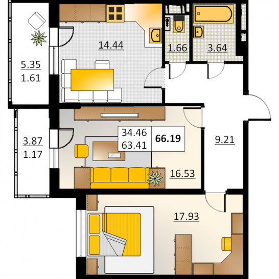 Двухкомнатная квартира 66.19 м²