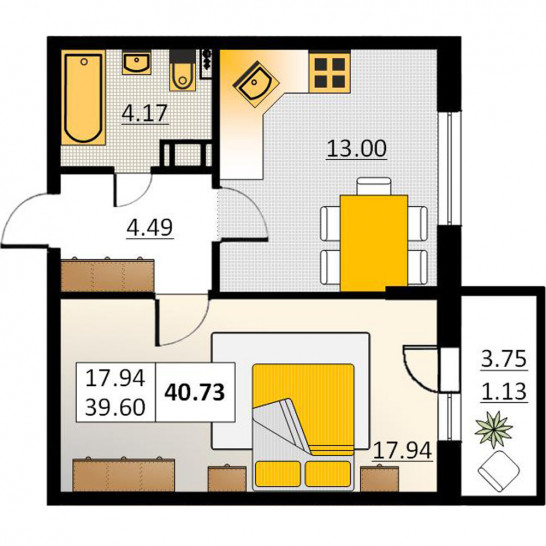Однокомнатная квартира 40.73 м²
