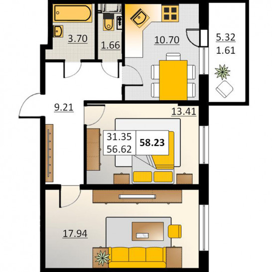 Двухкомнатная квартира 58.23 м²