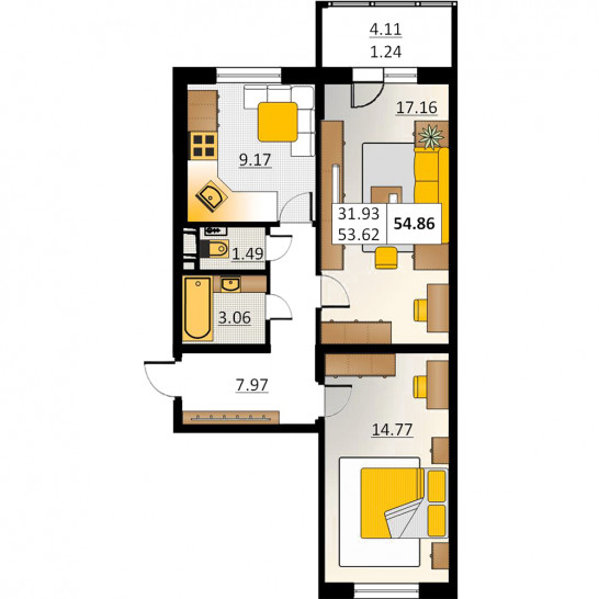 Двухкомнатная квартира 54.86 м²