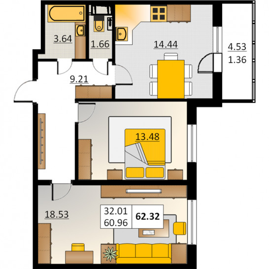 Двухкомнатная квартира 62.32 м²