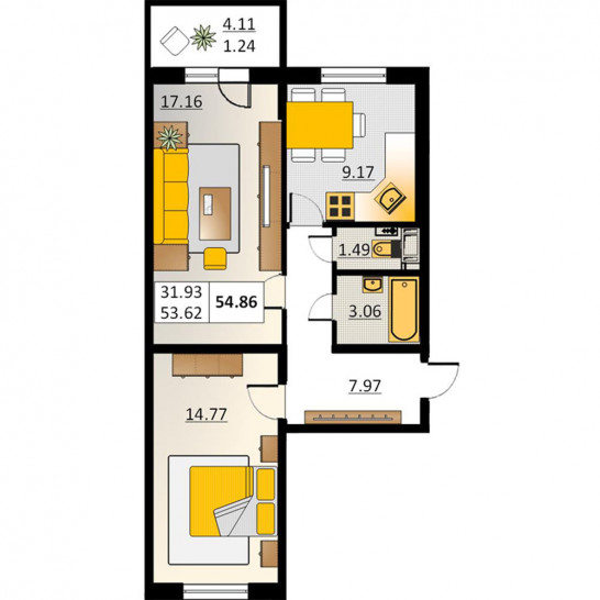 Двухкомнатная квартира 54.86 м²