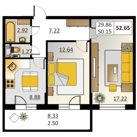 Двухкомнатная квартира 52.65 м²