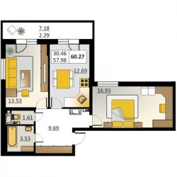 Двухкомнатная квартира 60.27 м²