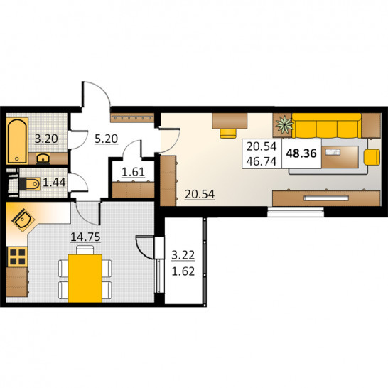 Однокомнатная квартира 48.36 м²