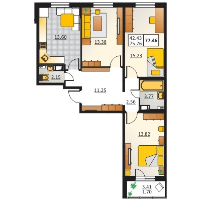 Трёхкомнатная квартира 77.46 м²