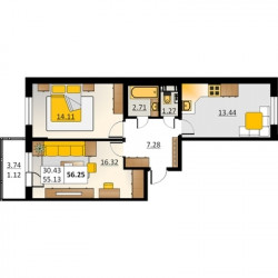 Двухкомнатная квартира 56.25 м²