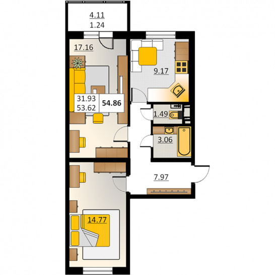 Двухкомнатная квартира 54.86 м²