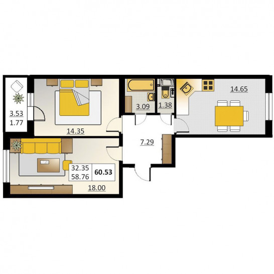 Двухкомнатная квартира 60.53 м²