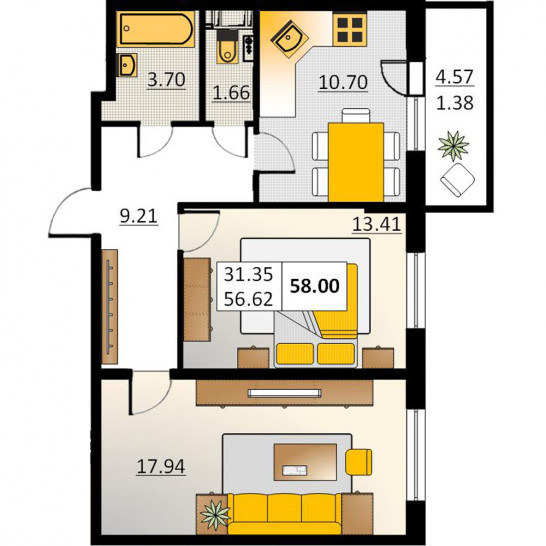 Двухкомнатная квартира 58 м²